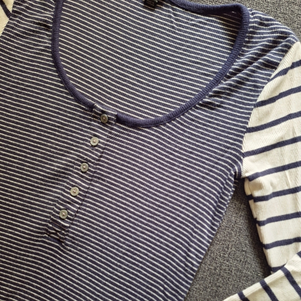+[[J.Crew]]+ Mixed print striped 3/4 sleeve top.